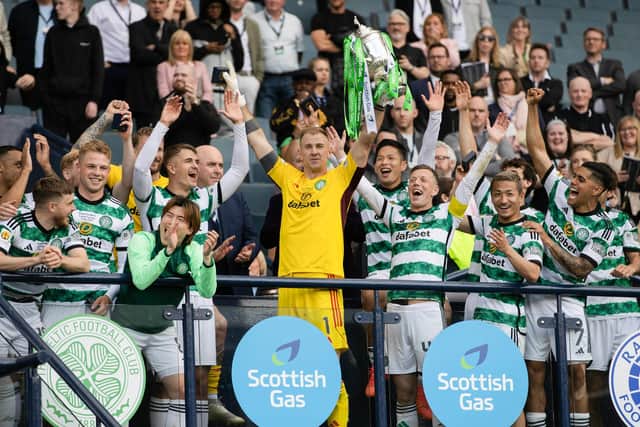 Joe Hart lifts the Scottish Cup after the 1-0 win over Rangers.