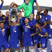 Cesar Azpilicueta of Chelsea lifts the Champions League Trophy following victory in the UEFA Champions League Final between Manchester City and Chelsea FC at Estadio do Dragao on May 29, 2021 in Porto, Portugal. (Photo by Michael Steele/Getty Images)