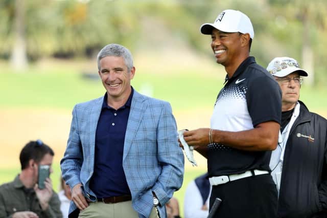 PGA Commissioner Jay Monahan with Tiger Woods, who has been appointed as a sixth player director on the US circuit. Picture: Warren Little/Getty Images.