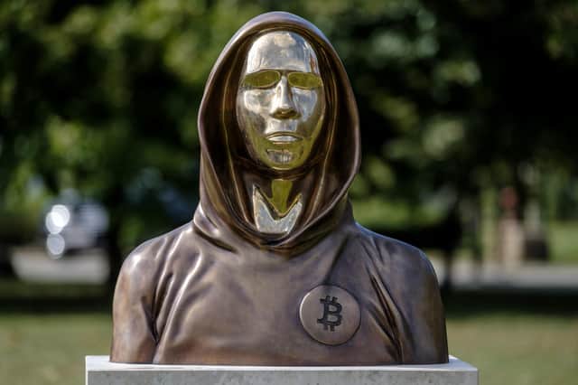 A statue of Satoshi Nakamoto, a presumed pseudonym used by the inventor of Bitcoin, in Graphisoft Park, Budapest  (Picture: Janos Kummer/Getty Images)