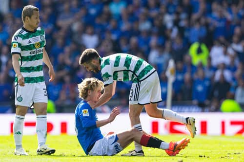 Celtic's Greg Taylor and Rangers' Todd Cantwell come together during the Scottish Cup final match at Hampden Park. (Photo by Craig Foy / SNS Group)