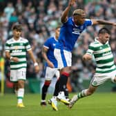 Celtics Greg Taylor, here seen holding off Alfredo Morelos in his club's 4-0 derby dumping, has been a stand-out in Scotland this season and would walk into a current combined best XI formed from the Glasgow clubs.  (Photo by Alan Harvey / SNS Group)