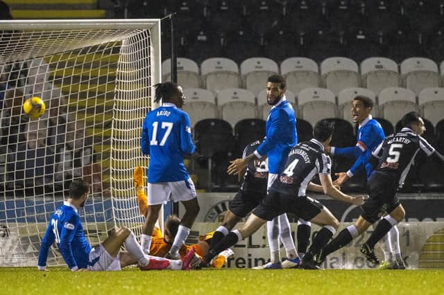 Conor McCarthy scores to make it 3-2 St Mirren during a Betfred Cup quarter final match between St Mirren and Rangers at the SMISA Stadium, on December 16, 2020.