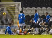 Conor McCarthy scores to make it 3-2 St Mirren during a Betfred Cup quarter final match between St Mirren and Rangers at the SMISA Stadium, on December 16, 2020.