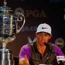 Rory McIlroy speaks with the media alongside the Wanamaker trophy after his one-stroke victory in the 96th PGA Championship at Valhalla Golf Club in Louisville, Kentucky. Picture: Sam Greenwood/Getty Images.