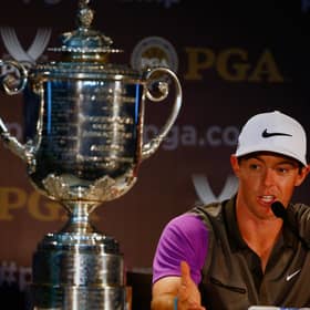 Rory McIlroy speaks with the media alongside the Wanamaker trophy after his one-stroke victory in the 96th PGA Championship at Valhalla Golf Club in Louisville, Kentucky. Picture: Sam Greenwood/Getty Images.