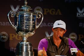 Rory McIlroy speaks with the media alongside the Wanamaker trophy after his one-stroke victory in the 96th PGA Championship at Valhalla Golf Club in Louisville, Kentucky. Picture: Sam Greenwood/Getty Images.