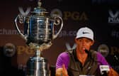 Rory McIlroy speaks with the media alongside the Wanamaker trophy after his one-stroke victory in the 96th PGA Championship at Valhalla Golf Club in Louisville, Kentucky. Picture: Sam Greenwood/Getty Images.