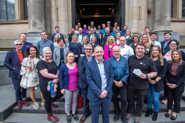 Scottish Enterprise's chief executive Adrian Gillespie pictured with the 75 entrepreneurs who attended the Unlocking Ambition showcase event. Picture: Sandy Young.