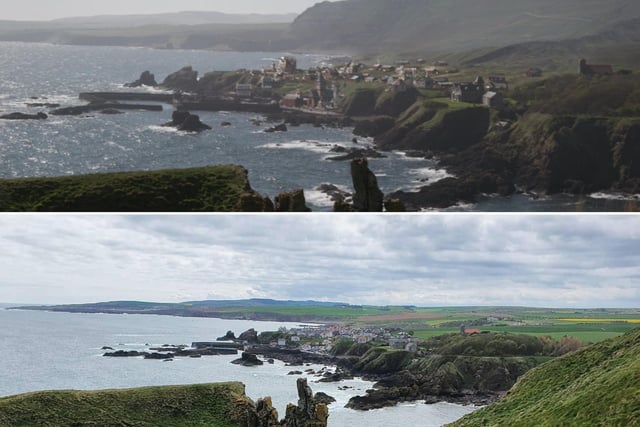 At the end of Endgame, we get another look at St Abbs, this time from St Abbs Head. Thor and Valkyrie discuss the future of Asgard while looking down on the town. You can see in this comparison that the buildings have been altered in the movie image (top) and mountains have also been added that aren't there in real life (bottom).