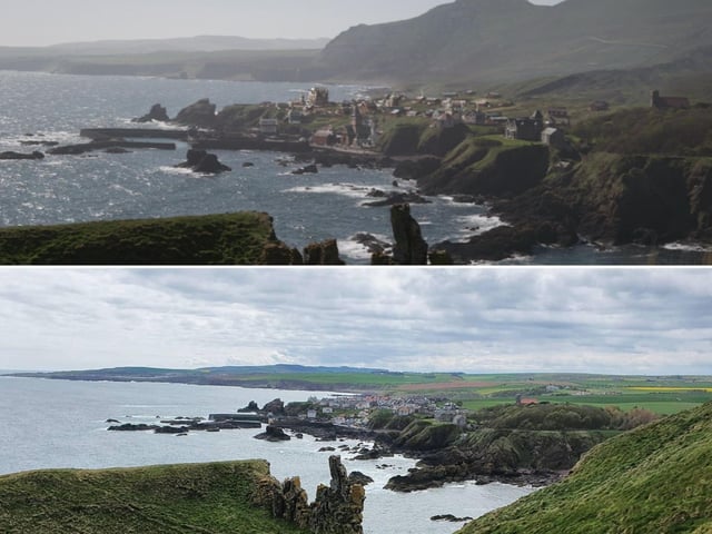 At the end of Endgame, we get another look at St Abbs, this time from St Abbs Head. Thor and Valkyrie discuss the future of Asgard while looking down on the town. You can see in this comparison that the buildings have been altered in the movie image (top) and mountains have also been added that aren't there in real life (bottom).