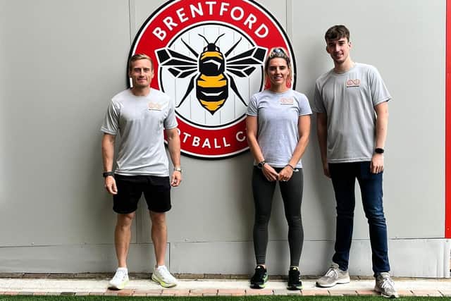 From left to right: Dr James Morehen, Aimee O’Keeffe, Evan Bailey at Brentwood FC