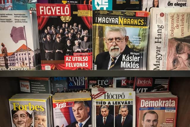BUDAPEST, HUNGARY - JANUARY 21: Hungarian newspapers and magazines are seen on a newsstand in 2019 in Hungary.