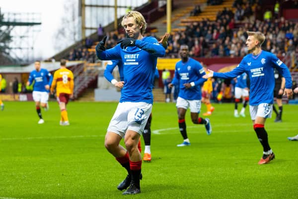 Rangers' Todd Cantwell celebrates making it 2-0 against Motherwell at Fir Park.