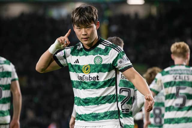 Celtic's Oh Hyeon-gyu celebrates after making it 2-1 for Celtic against St Mirren.
