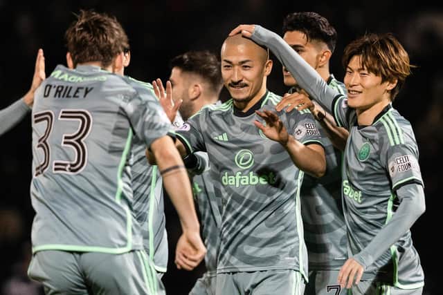 Celtic's Daizen Maeda celebrates with Matt O'Riley after scoring to make it 1-0 over St Mirren. (Photo by Craig Foy / SNS Group)