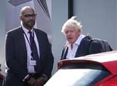 Former Prime Minister Boris Johnson arrives at Gatwick Airport in London, after travelling on a flight from the Caribbean, following the resignation of Liz Truss as Prime Minister.