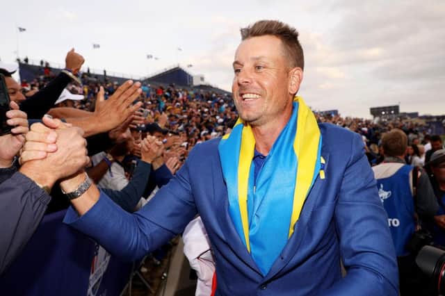 Henrik Stenson celebrates with fans after helping Europe win the 2018 Ryder Cup at Le Golf National in Paris. Picture: Christian Petersen/Getty Images.