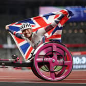 Sammi Kinghorn celebrates winning the bronze medal after competing in the Women's 100m - T53 final at the Tokyo 2020 Paralympic Games (Photo by Naomi Baker/Getty Images)