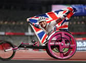 Sammi Kinghorn celebrates winning the bronze medal after competing in the Women's 100m - T53 final at the Tokyo 2020 Paralympic Games (Photo by Naomi Baker/Getty Images)