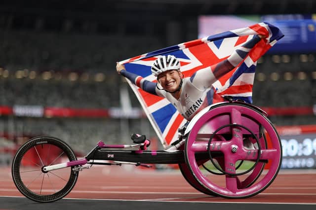 Sammi Kinghorn celebrates winning the bronze medal after competing in the Women's 100m - T53 final at the Tokyo 2020 Paralympic Games (Photo by Naomi Baker/Getty Images)