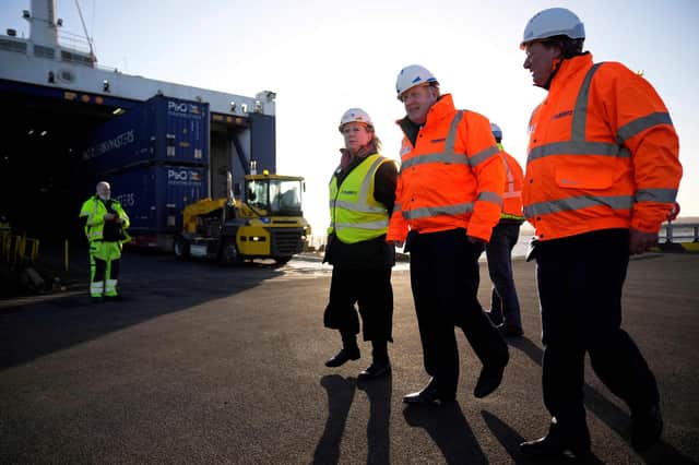 Charles Hammond, Forth Ports' chief executive, shows Boris Johnson and Jacqueline Doyle-Price MP round Tilbury Docks last month (Picture: Matt Dunham/pool/AFP via Getty Images)
