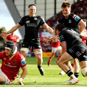 George Horne goes to congratulate Sebastian Cancelliere after the winger scored Glasgow Warriors' second try in the 17-10 win over Munster in the BKT United Rugby Championship semi-final at Thomond Park, Limerick, on 15 June 2024.  (Photo by Ben Brady/INPHO/Shutterstock)