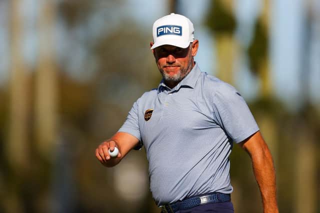 Leader Lee Westwood reacts on the sixth green during the second round of The Players' Championship at TPC Sawgrass in Ponte Vedra Beach, Florida. Picture: Kevin C. Cox/Getty Images.