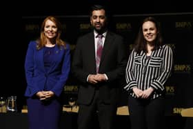 Three flawed candidates, Ash Regan, left, Humza Yousaf, and Kate Forbes, are standing to be the next leader of the SNP (Picture: Jeff J Mitchell/Getty Images)