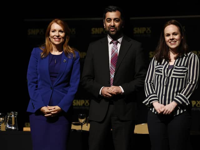 Three flawed candidates, Ash Regan, left, Humza Yousaf, and Kate Forbes, are standing to be the next leader of the SNP (Picture: Jeff J Mitchell/Getty Images)