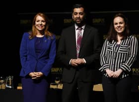 Three flawed candidates, Ash Regan, left, Humza Yousaf, and Kate Forbes, are standing to be the next leader of the SNP (Picture: Jeff J Mitchell/Getty Images)