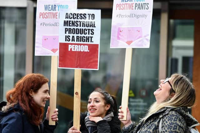 Campaigners and activists rally outside the Scottish Parliament in support of the Scottish Government's Support For Period Products Bill on February 25, 2020. Picture: Jeff J Mitchell/Getty Images
