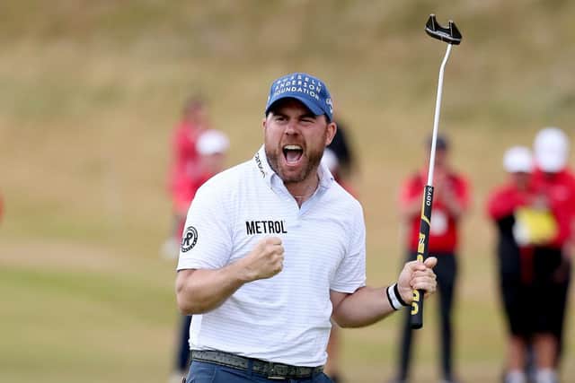Richie Ramsay celebrates on the 18th green after winning the Cazoo Classic at Hillside. Picture: Warren Little/Getty Images.