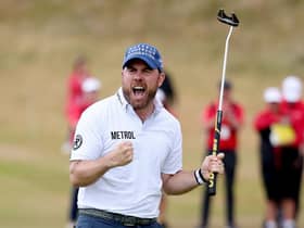 Richie Ramsay celebrates on the 18th green after winning the Cazoo Classic at Hillside. Picture: Warren Little/Getty Images.
