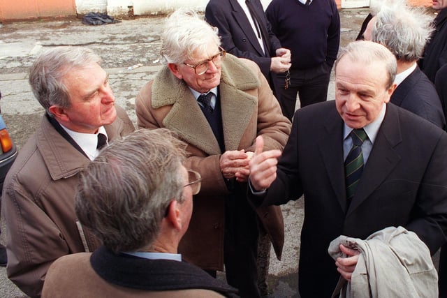 Jimmy Armfield, right, chatting to former players on the day of the funeral.