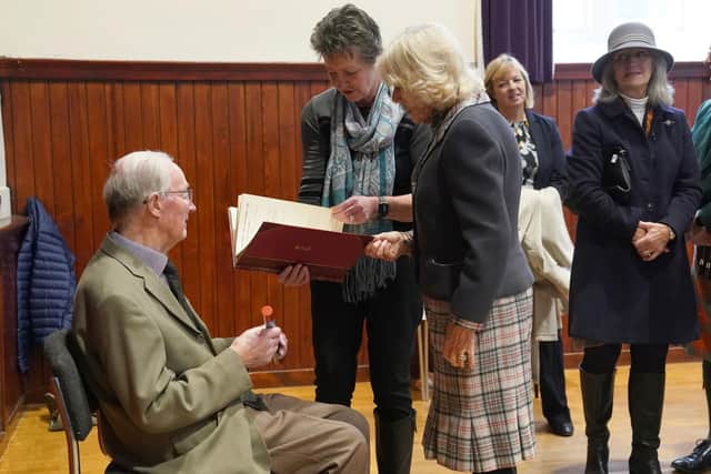 The Queen Consort speaks to the Rev Addie a Ballater resident who was an usher at Queen Elizabeth II's wedding in 1947. (Photo: Andrew Milligan/PA Wire)