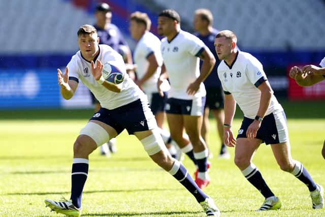 Scotland's Grant Gilchrist (left) during the team run at the Stade de France in Saint-Denis, France. Picture: Andrew Matthews/PA Wire
