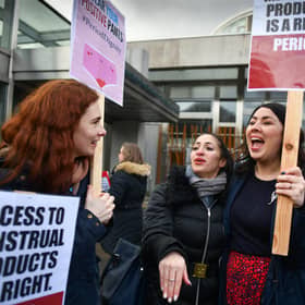 Scottish Labour MSP Monica Lennon, right, joins campaigners during a rally in February outside the Scottish Parliament in support of Period Products Bill (Picture: Jeff J Mitchell/Getty Images)