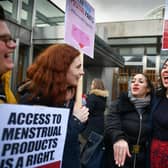 Scottish Labour MSP Monica Lennon, right, joins campaigners during a rally in February outside the Scottish Parliament in support of Period Products Bill (Picture: Jeff J Mitchell/Getty Images)