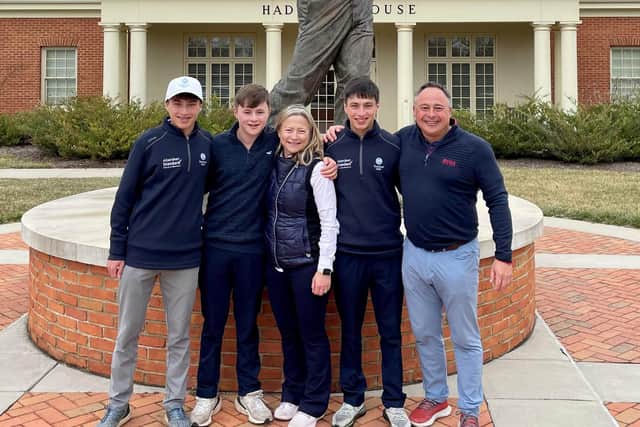 The Mukherjee family - Sam, Cameron, mum Angie, Ollie and dad Robin - pictured at Wake Forest Golf Facility beside the Arnold Palmer statue.