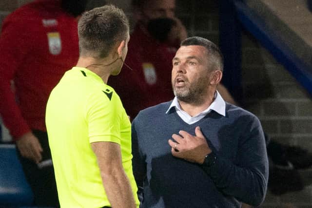 St Johnstone manager Callum Davidson exchanges words with the officials during the Europa Conference play-off defeat to LASK (Photo by Craig Foy / SNS Group)