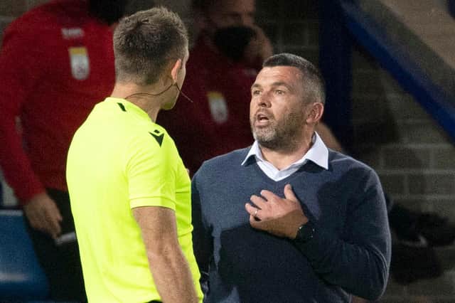 St Johnstone manager Callum Davidson exchanges words with the officials during the Europa Conference play-off defeat to LASK (Photo by Craig Foy / SNS Group)