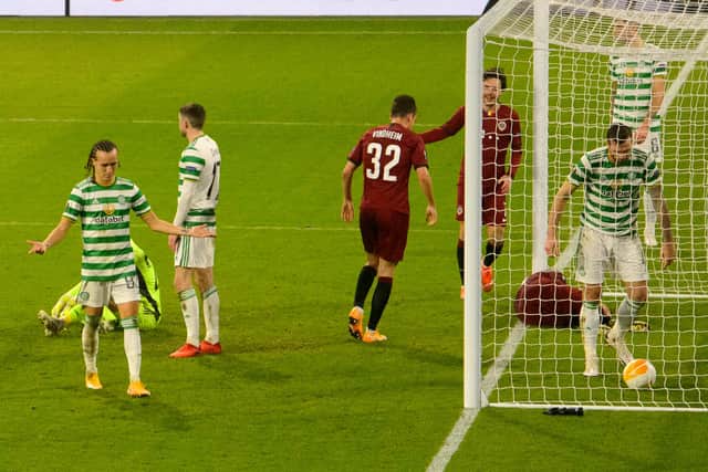 The Celtic players look dejected after conceding a third to Sparta Prague during their Europa League defeat. Picture: SNS