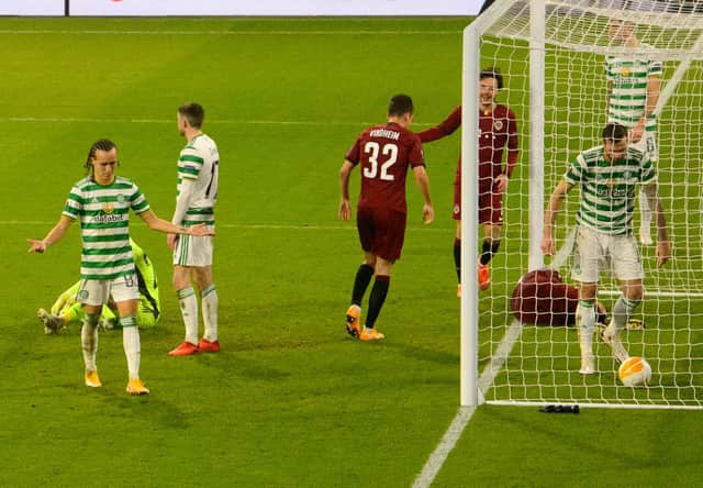 The Celtic players look dejected after conceding a third to Sparta Prague during their Europa League defeat. Picture: SNS