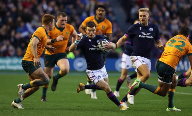 Scotland scrum-half George Horne in the thick of the action against Australia at BT Murrayfield. (Photo by Craig Williamson / SNS Group)