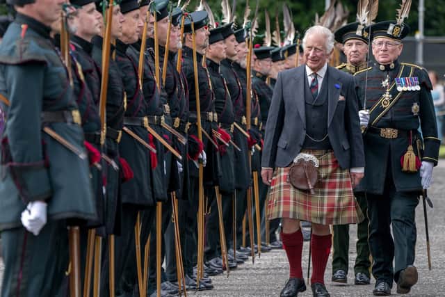 King Charles III inspects the Royal Company of Archers Guard of Honour during the Ceremony of the Keys on the forecourt of the Palace of Holyroodhouse in Edinburgh this week. The 'King's Bodyguards' will play a key role in Wednesday's ceremony. PIC: Jane Barlow/PA Wire