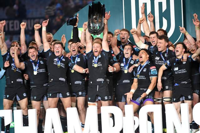 Glasgow Warriors celebrate victory after the United Rugby Championship final against Vodacom Bulls at Loftus Versfeld in Pretoria, South Africa. (Photo by Lee Warren/Gallo Images/Getty Images)