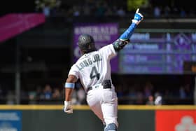 Shed Long Jr celebrates his game-winning grand slam for Seattle Mariners against the Tampa Bay Rays. Picture: Alika Jenner/Getty Images