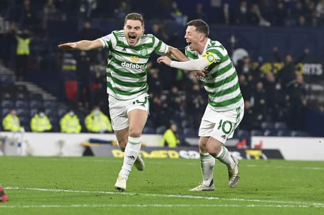 Celtic's James Forrest celebrates his goal in the Premier Sports Cup semi-final win over St Johnstone at Hampden Park. (Photo by Rob Casey / SNS Group)