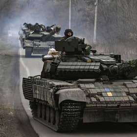 Ukrainian T64 tanks move towards Bakhmut, in Donetsk, amid bitter fighting over the town (Picture: Aris Messinis/AFP via Getty Images)